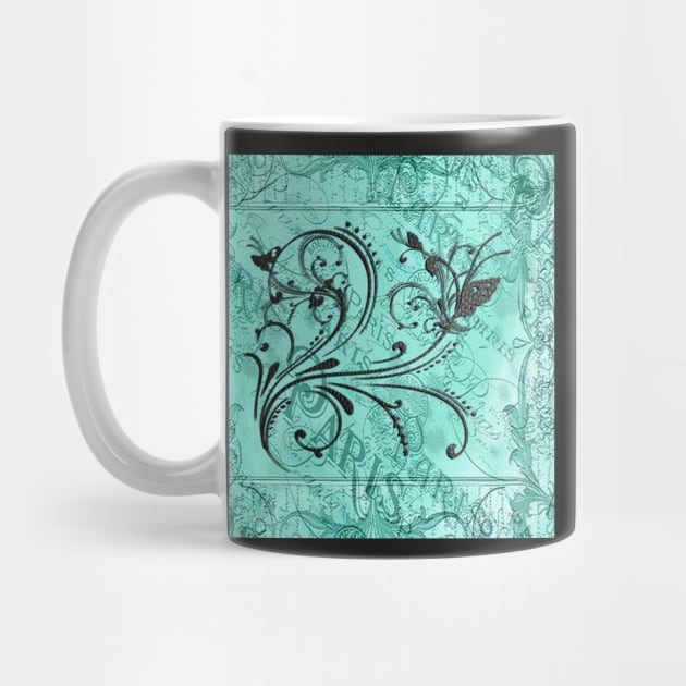Paris Teal & Black Scroll, Butterfly Graphic Art Design face masks, Phone Cases, Apparel & Gifts by tamdevo1